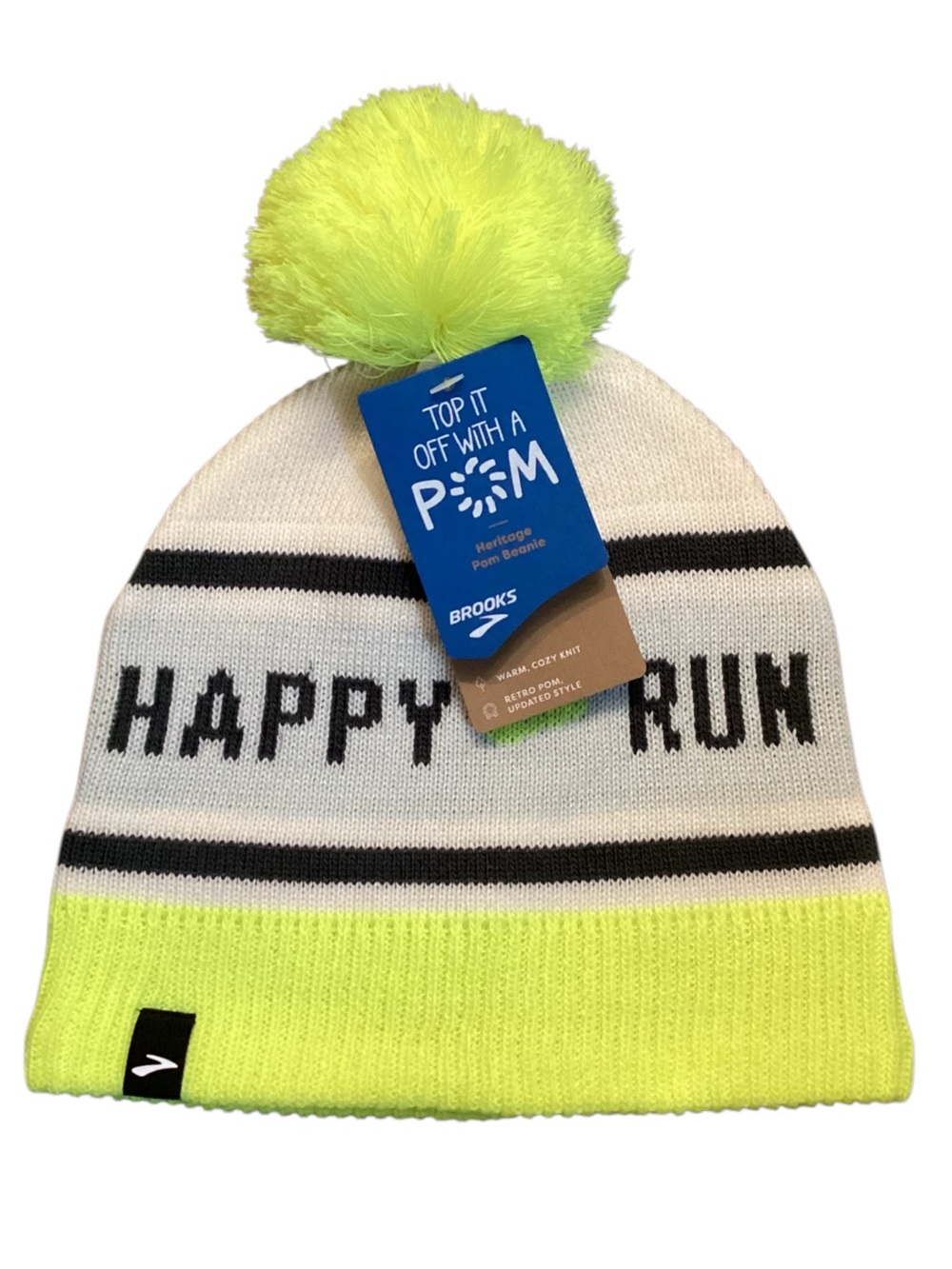 Brooks Run‎ Happy Heritage Pom Beanie NWT White Neon Yellow Knit Winter Hat OSFA